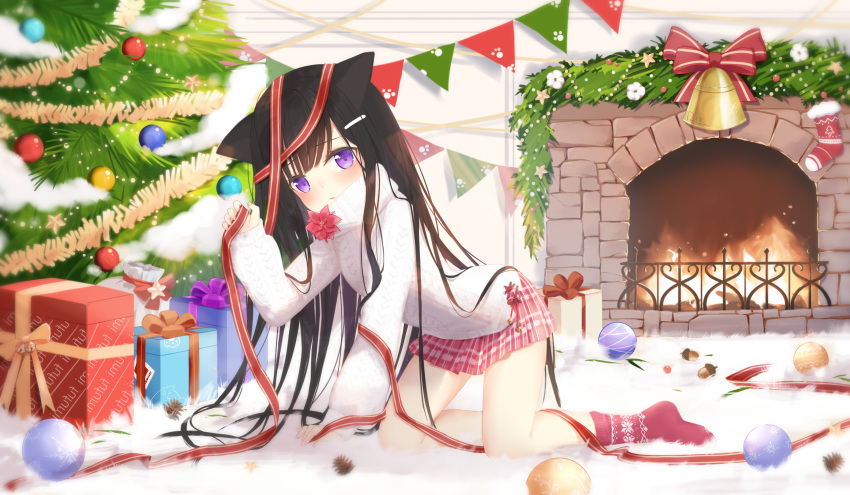 1girl absurdres acorn all_fours animal_ears aran_sweater bangs bell black_hair blush box cat_ears christmas christmas_ornaments christmas_tree closed_mouth commentary_request eyebrows_visible_through_hair fire fireplace flower fufumi gift gift_box hair_ornament hairclip hand_up highres indoors long_hair long_sleeves looking_at_viewer no_shoes original pennant pink_skirt plaid plaid_skirt pleated_skirt puffy_long_sleeves puffy_sleeves red_flower red_legwear red_ribbon ribbon skirt sleeves_past_wrists socks solo star_(symbol) string_of_flags sweater turtleneck turtleneck_sweater very_long_hair violet_eyes white_flower white_sweater