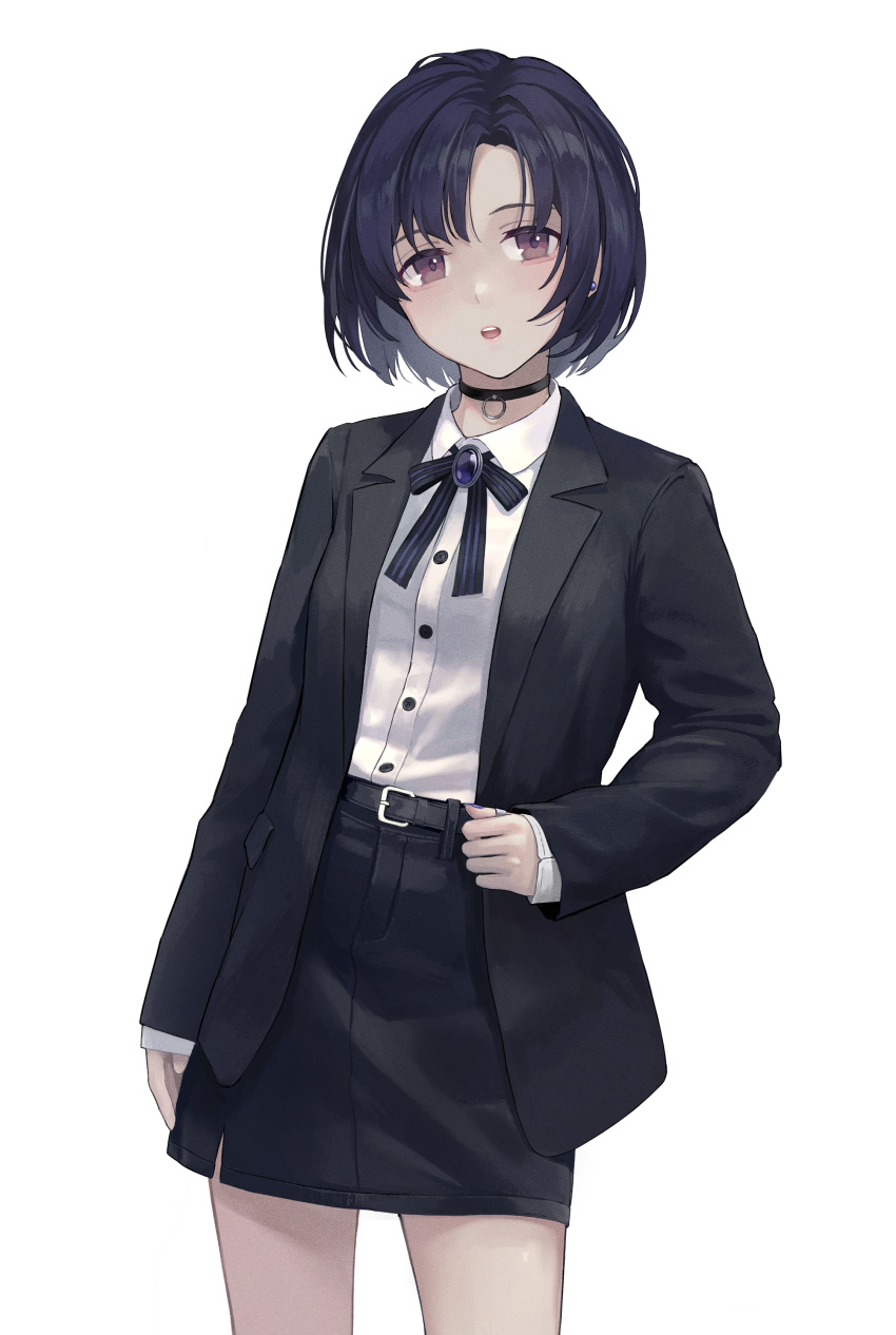 1girl absurdres arm_at_side bangs belt black_belt black_choker black_hair black_jacket black_neckwear black_ribbon black_skirt blue_nails brooch brown_eyes buttons choker collared_shirt commentary_request cowboy_shot dress_shirt earrings fingernails formal hand_on_hip highres idolmaster idolmaster_cinderella_girls jacket jewelry long_sleeves looking_at_viewer miniskirt nail_polish neck_ribbon open_clothes open_jacket parted_bangs parted_lips ribbon shiragiku_hotaru shirt shirt_tucked_in short_hair side_slit simple_background skirt skirt_suit sleeves_past_wrists solo standing striped striped_neckwear striped_ribbon stud_earrings sugai_(4ugaii) suit upper_teeth white_background white_shirt