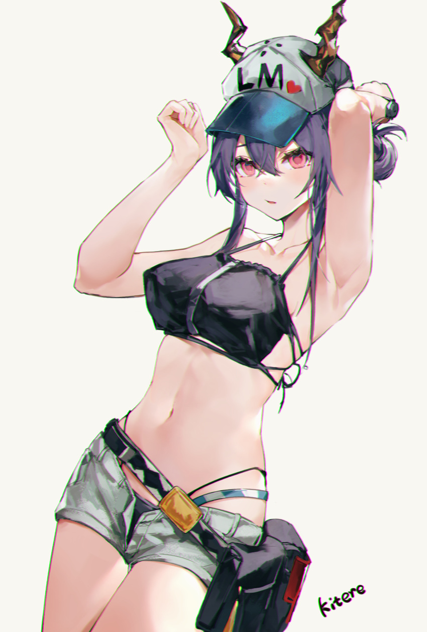 1girl absurdres arknights armpits arms_up artist_name bangs baseball_cap belt belt_pouch bikini black_bikini blush breasts ch'en_(arknights) cowboy_shot female_tourist_c_(arknights) grey_shorts hair_between_eyes hat highres horns horns_through_headwear hoshino_yuu_sama looking_at_viewer medium_breasts navel open_clothes open_fly open_shorts parted_lips pink_eyes pouch purple_hair short_hair_with_long_locks short_shorts shorts sidelocks simple_background solo stomach swimsuit watch watch white_background white_headwear