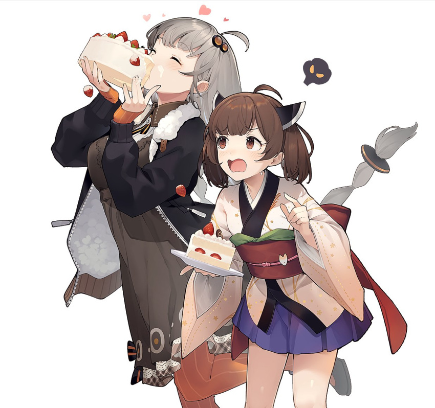 2girls ^_^ ahoge black_footwear black_jacket blush braid breasts brown_eyes brown_hair cake cake_slice closed_eyes collared_shirt commentary_request dress eating food food_on_face fur-trimmed_jacket fur_trim grey_dress grey_hair hands_up headgear heart holding holding_food jacket japanese_clothes kimono kizuna_akari large_breasts long_hair long_sleeves multiple_girls obi open_clothes open_jacket orange_legwear pantyhose pleated_skirt puffy_long_sleeves puffy_sleeves purple_skirt sash shirinda_fureiru shirt shoes simple_background skirt sleeves_past_wrists standing standing_on_one_leg striped striped_legwear sweat touhoku_kiritan twin_braids twintails vertical-striped_legwear vertical_stripes very_long_hair voiceroid white_background white_kimono white_shirt wide_sleeves