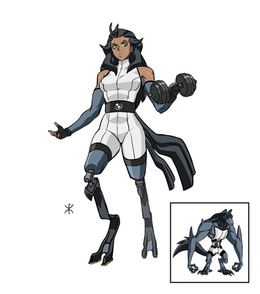 apoloniodraws ben_10 blitzwolfer blue_hair dark_skin dark-skinned_female dumbbell fingerless_gloves genderswap genderswap_(mtf) gloves green_eyes highres martial_arts_belt muscular muscular_female omnitrix prosthesis prosthetic_leg sweat