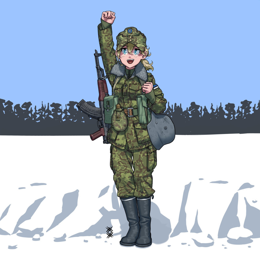 1girl :d akm arm_up army assault_rifle bangs belt black_footwear blonde_hair blue_eyes blush boots brown_belt clenched_hand collar english_commentary estonian_flag eyebrows_visible_through_hair flask full_body fur-trimmed_collar gun hair_between_eyes hat helmet highres jacket long_sleeves looking_at_viewer medium_hair military military_hat military_uniform open_mouth original ostwindprojekt pants pocket ponytail pouch rifle simple_background smile solo standing uniform weapon