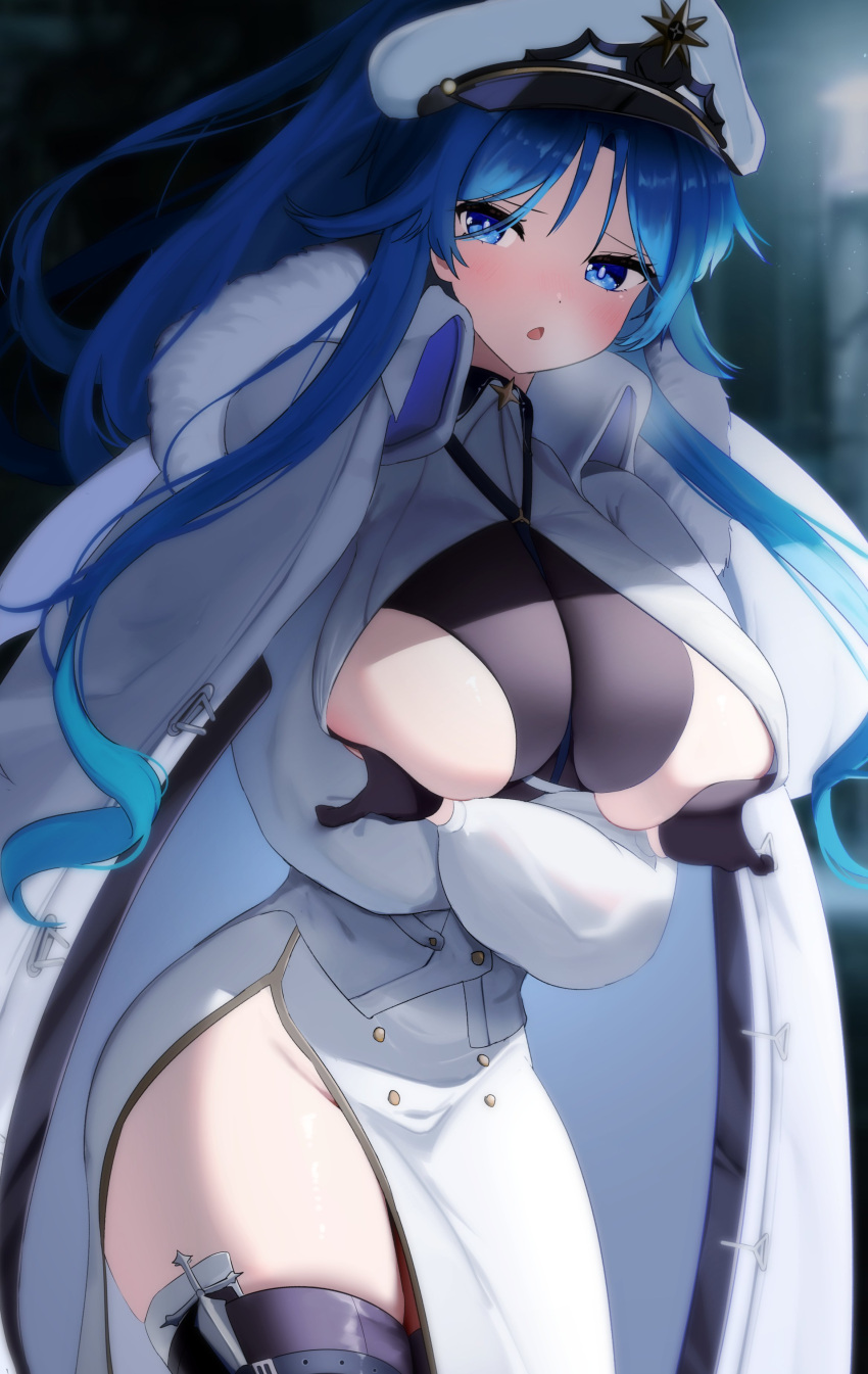 1girl absurdres arms_under_breasts azur_lane bangs black_footwear black_gloves black_legwear blue_eyes blue_hair blush boots breasts coat coat_dress cold commentary cowboy_shot cross dress eyebrows_visible_through_hair fur-trimmed_coat fur_trim gloves groin hair_between_eyes highres large_breasts long_hair long_sleeves looking_at_viewer nicorima open_clothes open_coat open_mouth parted_bangs side_cutout side_slit sidelocks skindentation solo sovetskaya_belorussiya_(azur_lane) standing thigh-highs thigh_boots under_boob very_long_hair visible_air white_coat white_dress zettai_ryouiki