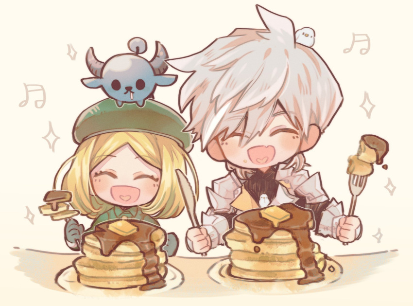 1boy 1girl animal_on_head babe_(fate) beret bird blonde_hair dove drooling fate/grand_order fate_(series) food fork gaito-san hat highres horns knife musical_note on_head pancake paul_bunyan_(fate) percival_(fate) sparkle syrup white_hair