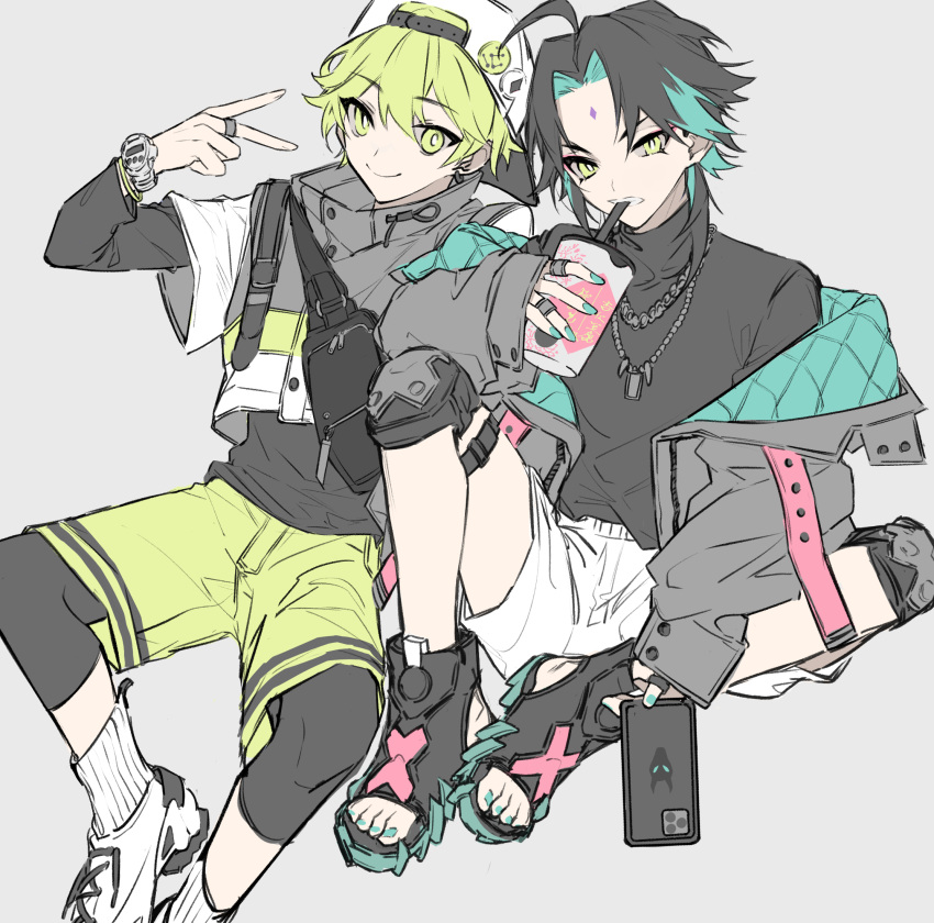 2boys aether_(genshin_impact) ahoge alternate_costume backwards_hat bag bangs baseball_cap black_hair black_sweater cellphone cup drinking_straw eyebrows_visible_through_hair facial_mark forehead_mark genshin_impact green_eyes green_hair green_nails green_shorts grey_background hair_between_eyes hat highres holding holding_cup holding_phone honeymilk0252 jacket jewelry male_focus multicolored_hair multiple_boys nail_polish necklace open_mouth open_toe_shoes phone ring shoes shorts simple_background sitting smartphone smile sneakers socks sweater toenail_polish turtleneck turtleneck_sweater v watch watch white_legwear white_shorts xiao_(genshin_impact)