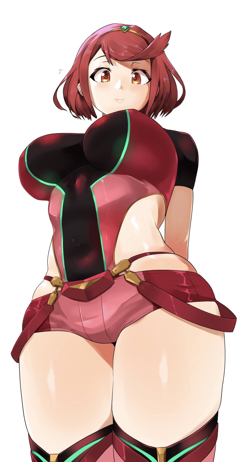 1girl absurdres arms_behind_back breasts brown_eyes covered_navel cropped_legs highres large_breasts light_blush looking_at_viewer looking_down monkey_jon pyra_(xenoblade) redhead shiny shiny_skin short_hair short_shorts shorts simple_background solo thigh-highs thighs tiara white_background xenoblade_chronicles_(series) xenoblade_chronicles_2