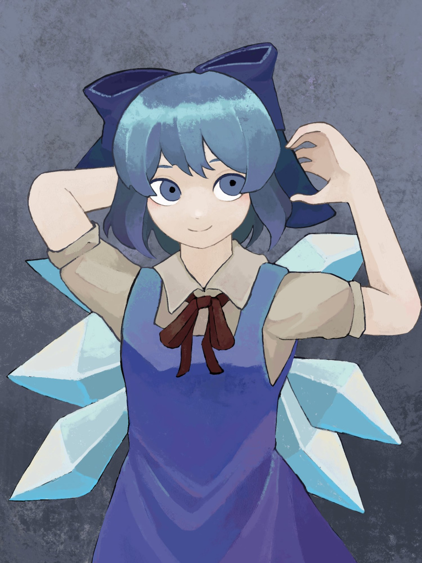 1girl arm_behind_head awk_chan blue_bow blue_dress blue_eyes blue_hair bow breasts cirno closed_mouth dress eyebrows_behind_hair grey_background hair_bow hands_up highres ice ice_wings looking_to_the_side pinafore_dress red_neckwear red_ribbon ribbon short_hair simple_background small_breasts smile solo touhou upper_body wings