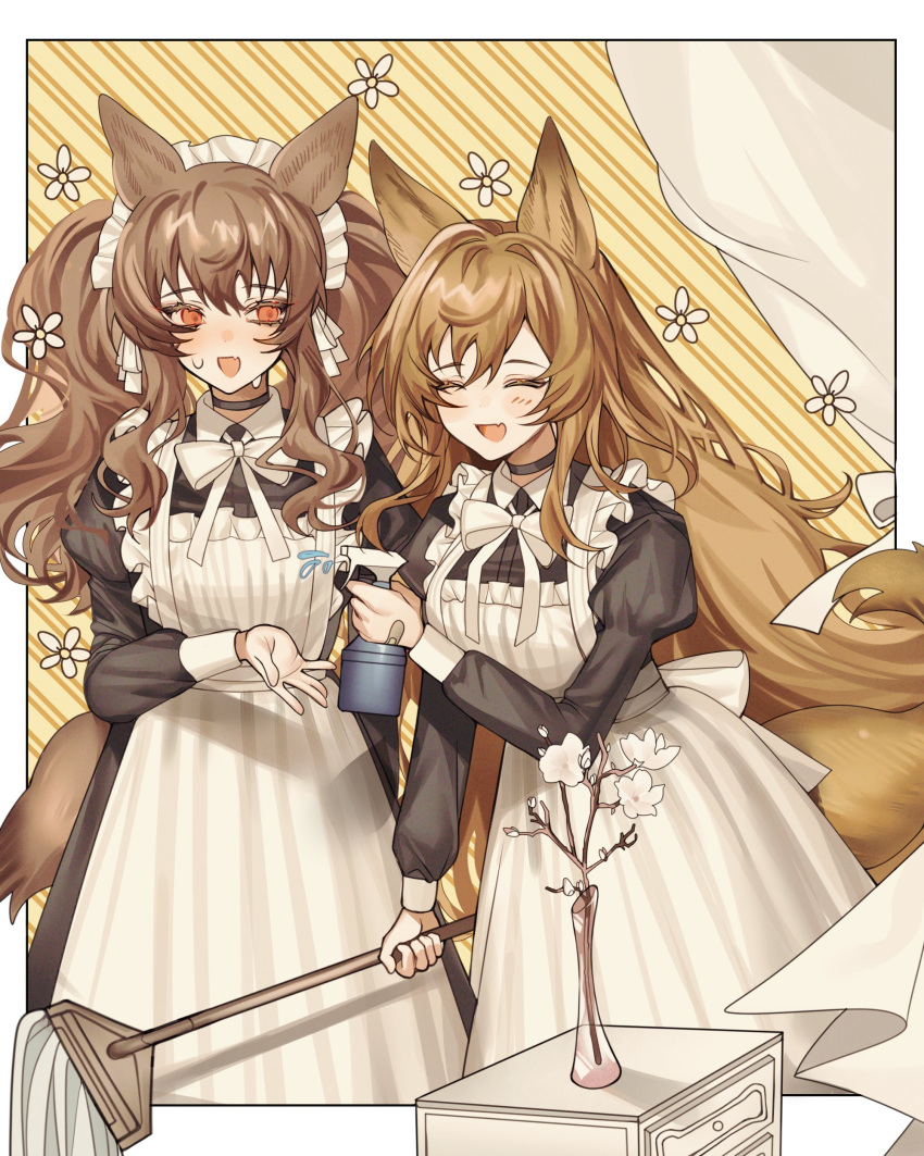 2girls :d absurdres alternate_costume angelina_(arknights) animal_ears apron arknights bandaid bandaid_on_hand black_choker black_dress blush border bottle bow bowtie brown_hair ceobe_(arknights) choker cym23730 dog_ears dog_girl dog_tail dress enmaided flower fox_ears fox_girl fox_tail highres holding holding_mop juliet_sleeves light_brown_hair long_hair long_sleeves maid maid_headdress mop multiple_girls open_mouth outside_border puffy_sleeves smile spray_bottle striped striped_background sweat tail twintails vase very_long_hair water white_apron white_border white_bow white_flower white_neckwear