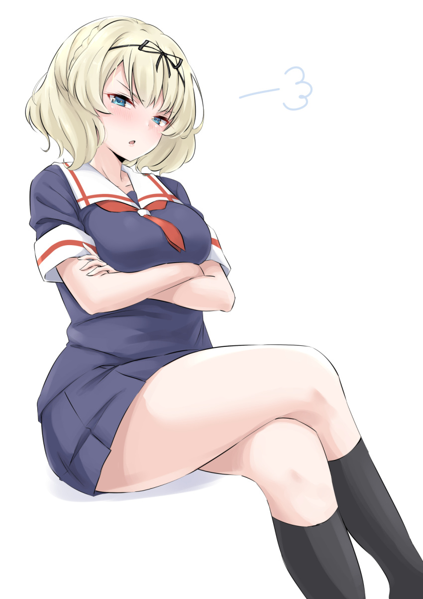 1girl black_legwear black_ribbon black_serafuku black_shirt black_skirt blonde_hair blue_eyes breasts colorado_(kancolle) commentary_request cosplay crossed_arms hair_ribbon highres kantai_collection kneehighs large_breasts looking_at_viewer pleated_skirt ribbon sailor_collar sailor_shirt school_uniform serafuku shirt short_hair side_braids simple_background sitting skirt solo takomeshi white_background white_sailor_collar yuudachi_(kancolle) yuudachi_(kancolle)_(cosplay)