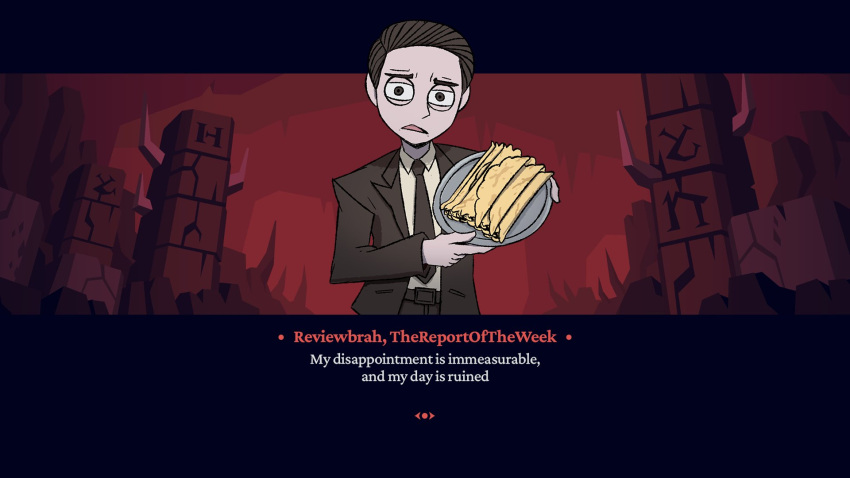 1boy brown_eyes brown_hair brown_neckwear brown_suit english_commentary english_text food formal helltaker highres holding holding_plate letterboxed necktie open_mouth pancake parody plate reviewbrah solo style_parody suit uricksaladbar