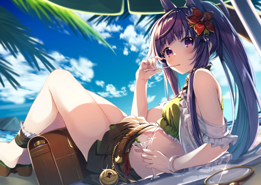 1girl animal_ears ankle_strap bag bangs bare_shoulders belt blue_sky blush bracelet cat_ears clouds cup drinking_glass eyebrows_visible_through_hair flower food frills from_side gurasion_(gurasion) hair_flower hair_ornament handbag in_mouth jewelry kasumi_(princess_connect!) knees_up long_hair looking_at_viewer looking_to_the_side lying miniskirt off_shoulder on_back outdoors palm_leaf ponytail princess_connect! princess_connect!_re:dive purple_hair shade skirt sky solo violet_eyes water