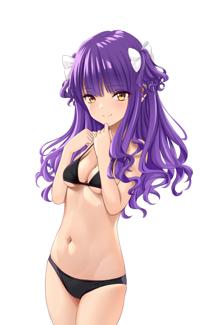 1girl absurdres animal_ears bikini black_bikini bow brown_eyes cow_ears cow_horns cow_tail flat_chest hair_bow highres horns long_hair looking_at_viewer marui_koishi navel original purple_hair simple_background smile solo swimsuit tail two_side_up white_background white_bow