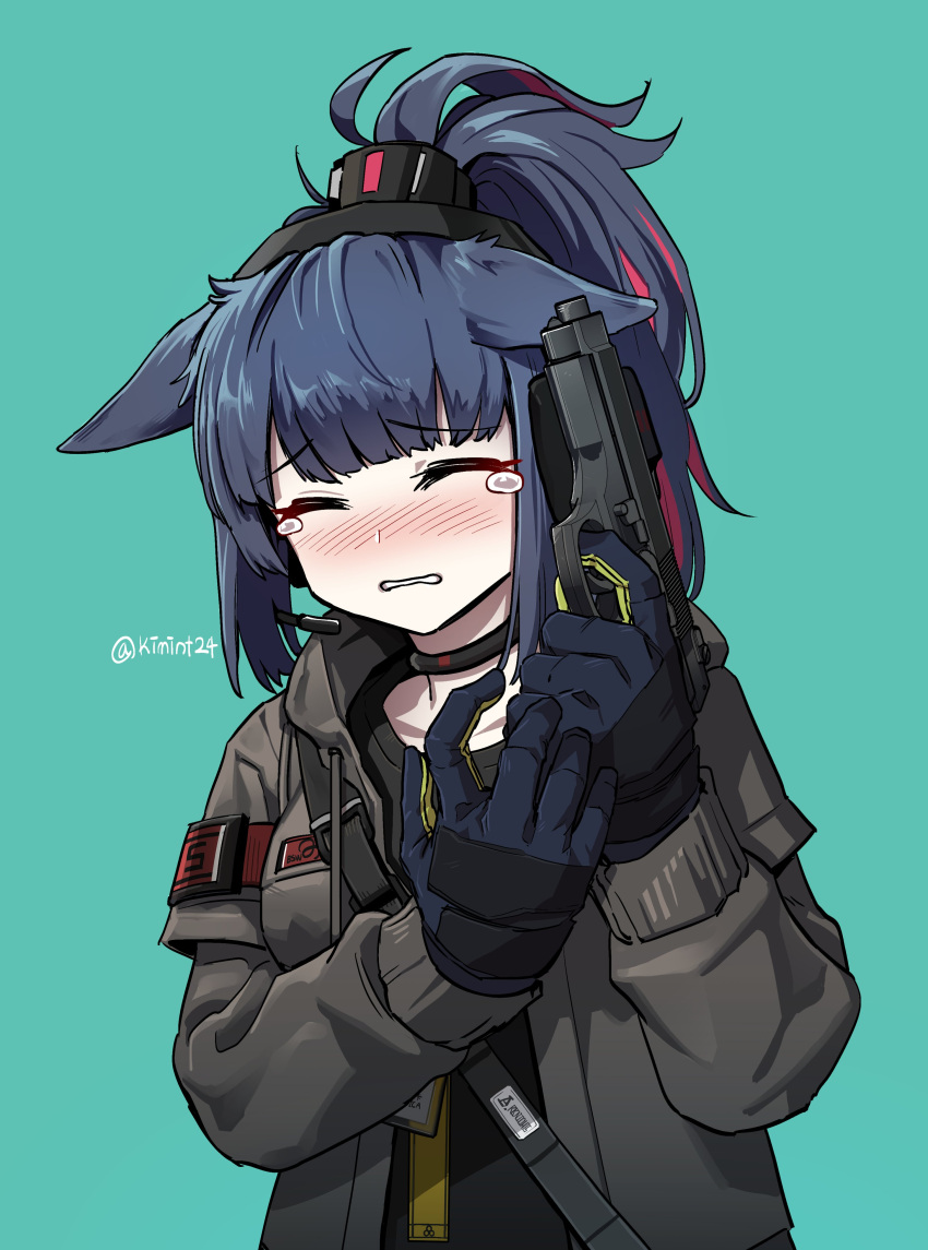 absurdres animal_ears arknights black_shirt blue_hair blush brown_jacket cat_ears choker closed_eyes crying eyebrows_visible_through_hair gloves gun handgun headset highlights highres holding holding_gun holding_weapon jacket jessica_(arknights) kimint24 microphone multicolored_hair pistol ponytail shirt signature simple_background tears weapon