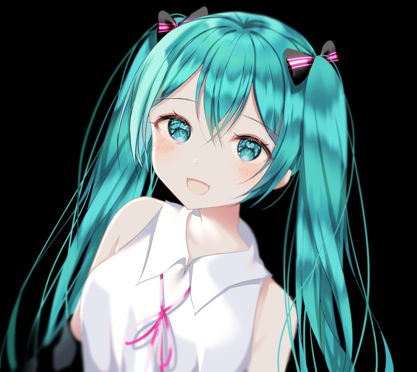1girl :d alternate_costume aqua_eyes aqua_hair armpit_crease bare_shoulders black_background blush bow breasts collared_shirt commentary detached_sleeves dot_nose eyebrows_visible_through_hair eyelashes hair_between_eyes hair_ornament hair_ribbon hatsune_miku highres long_hair looking_at_viewer medium_breasts neck_ribbon open_mouth pink_ribbon ribbon shaded_face shiori_(shiori_2_14) shirt sidelocks simple_background sleeveless sleeveless_shirt smile solo standing striped striped_bow symbol_commentary twintails upper_body vocaloid