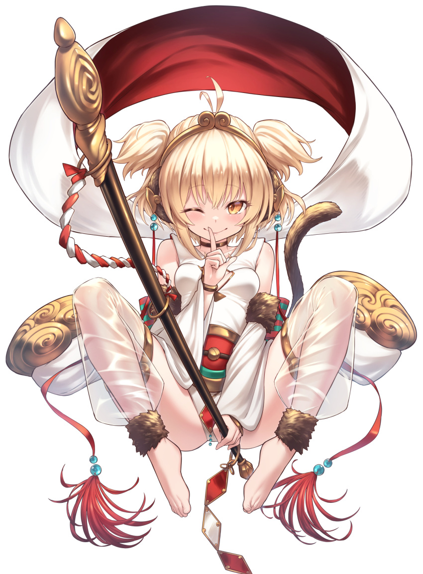 1girl ;) ahoge alphy andira_(granblue_fantasy) animal_ears bangs bare_shoulders barefoot blonde_hair blush brown_eyes closed_mouth detached_leggings detached_sleeves erune eyebrows_visible_through_hair finger_to_mouth granblue_fantasy hagoromo highres index_finger_raised looking_at_viewer m_legs monkey_ears monkey_girl monkey_tail one_eye_closed see-through shawl short_hair shushing smile solo spread_legs staff symbol_commentary tail toes twintails two_side_up