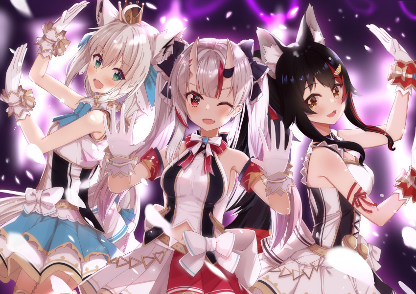 3girls absurdres ahoge animal_ears arm_strap bangs bare_shoulders black_hair blue_bow borumete bow bowtie breasts commentary_request crown eyebrows_visible_through_hair fang fox_ears fox_girl gloves green_eyes hair_between_eyes hair_bow hair_ornament hairclip highres hololive horns huge_filesize idol light_particles long_hair looking_at_viewer medium_breasts midriff mini_crown multicolored_hair multiple_girls nakiri_ayame navel one_eye_closed oni_horns ookami_mio open_hands open_mouth pleated_skirt red_bow red_eyes redhead shirakami_fubuki shirt sidelocks silver_hair skin_fang skirt twintails two-tone_hair virtual_youtuber white_gloves white_hair white_shirt wolf_ears wolf_girl yellow_eyes