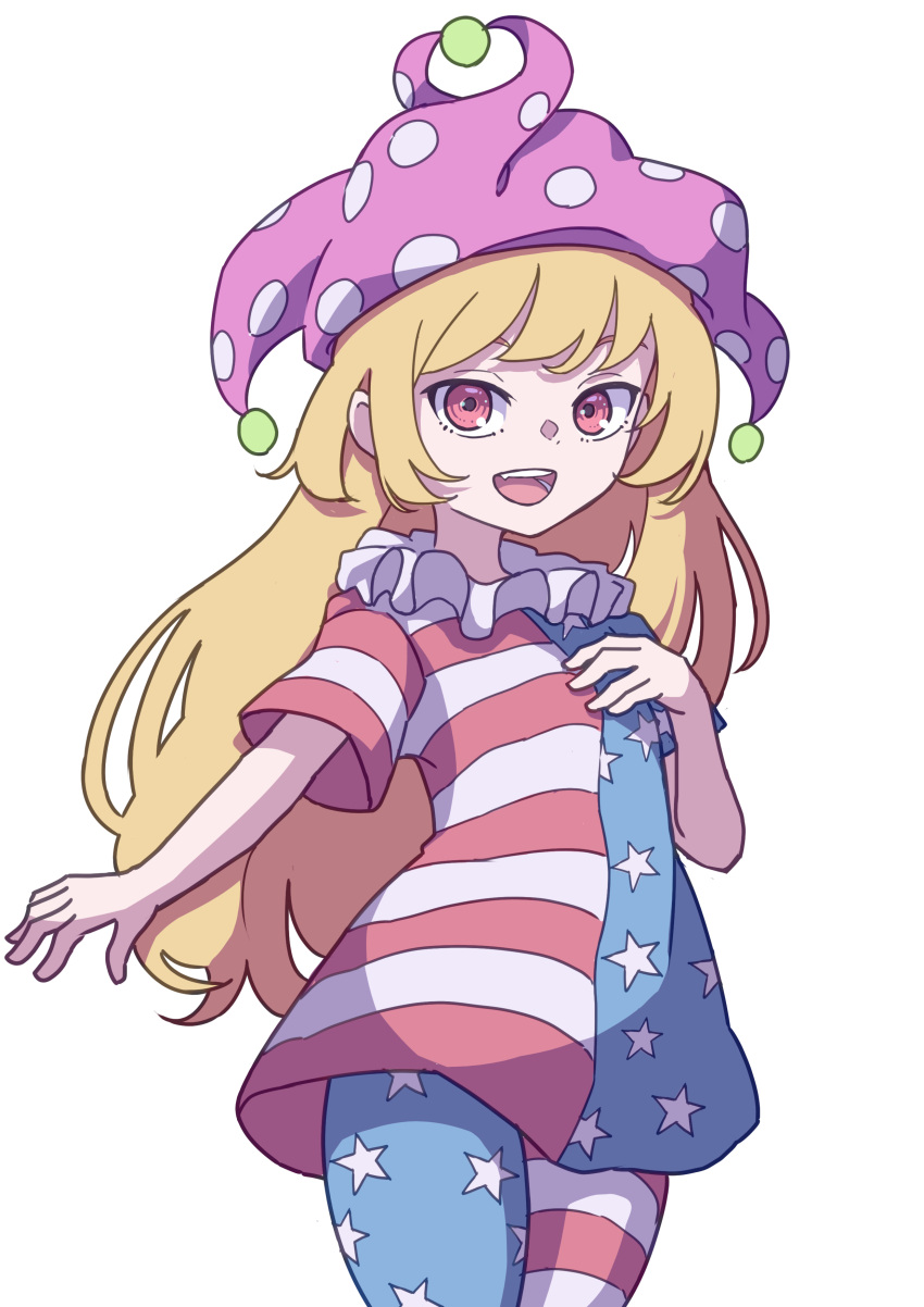 1girl :d absurdres american_flag american_flag_legwear american_flag_shirt bangs blonde_hair clownpiece cowboy_shot eyebrows_behind_hair frilled_shirt_collar frills hand_on_own_chest hat highres jester_cap kame_(kamepan44231) long_hair looking_at_viewer neck_ruff no_wings open_mouth pantyhose polka_dot polka_dot_headwear purple_headwear red_eyes shirt short_sleeves simple_background smile solo standing star_(symbol) star_print striped striped_legwear striped_shirt touhou white_background