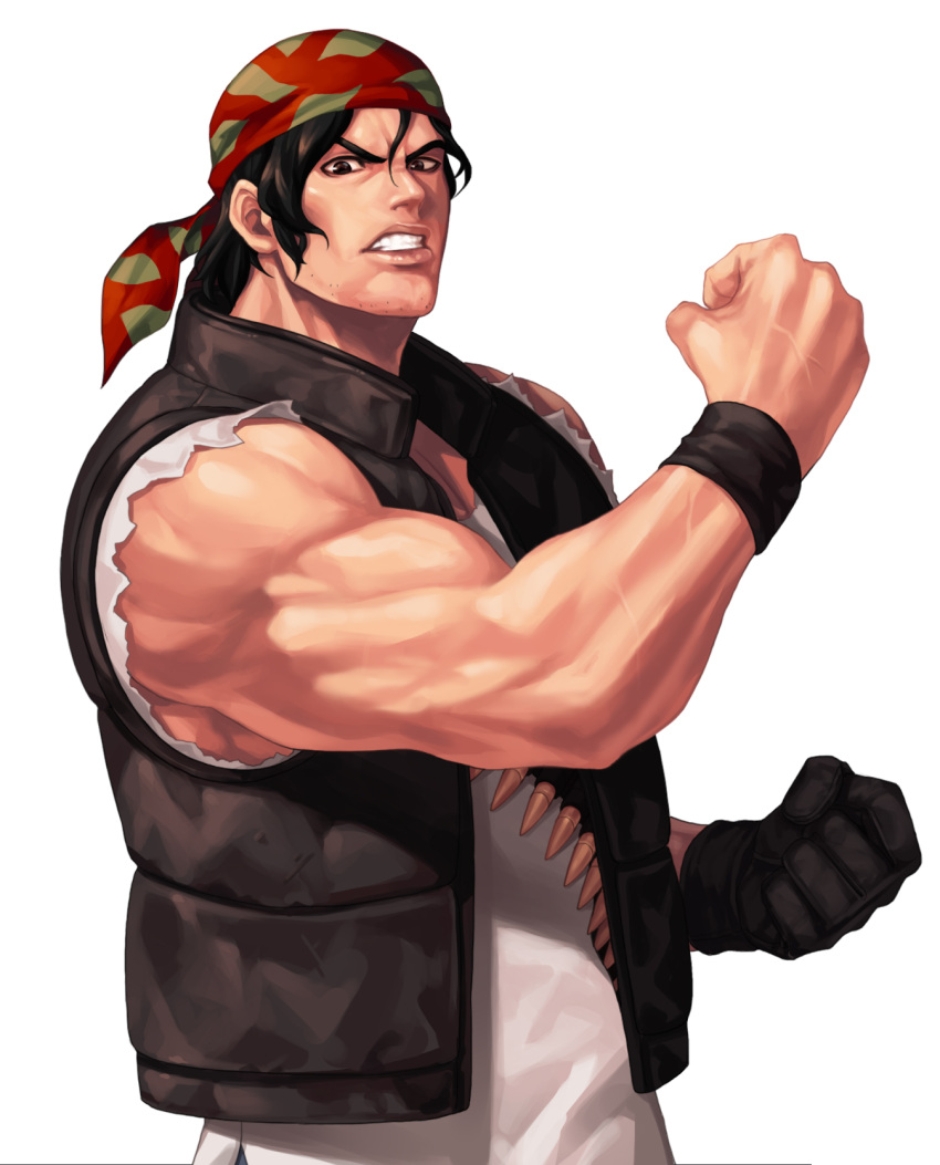 1boy bandana biceps black_gloves black_hair brown_eyes brown_vest clenched_hands clenched_teeth commentary_request evilgun facial_hair fingerless_gloves gloves hair_between_eyes highres lips looking_at_viewer male_cleavage male_focus muscular muscular_male ralf_jones red_headwear serious shirt short_hair simple_background single_glove sleeveless sleeveless_shirt solo sweatband teeth the_king_of_fighters the_king_of_fighters_'97 thick_eyebrows upper_body veins vest white_background white_shirt