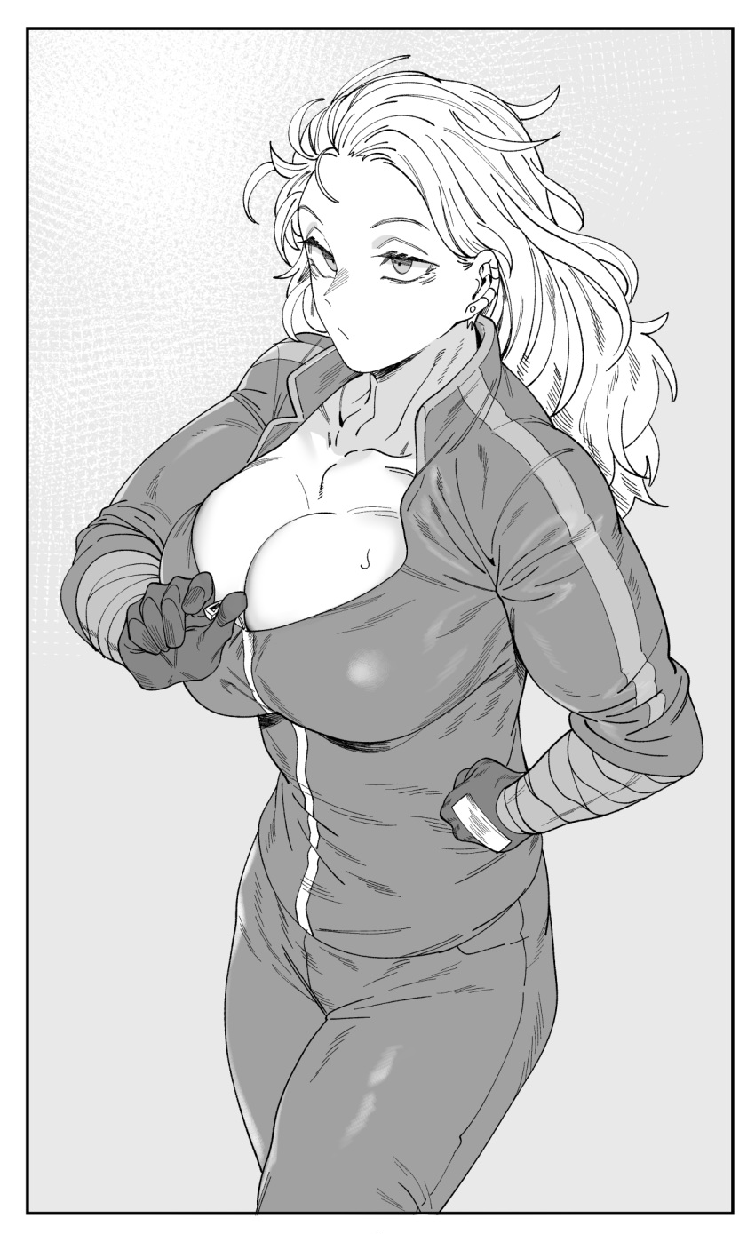 1girl bandaged_arm bandages breasts dorohedoro ear_clip earrings gloves hand_on_hip highres inconvenient_breasts jewelry large_breasts long_hair monochrome noi_(dorohedoro) partially_unzipped solo stud_earrings sweat track_suit urec zipper_pull_tab zipping