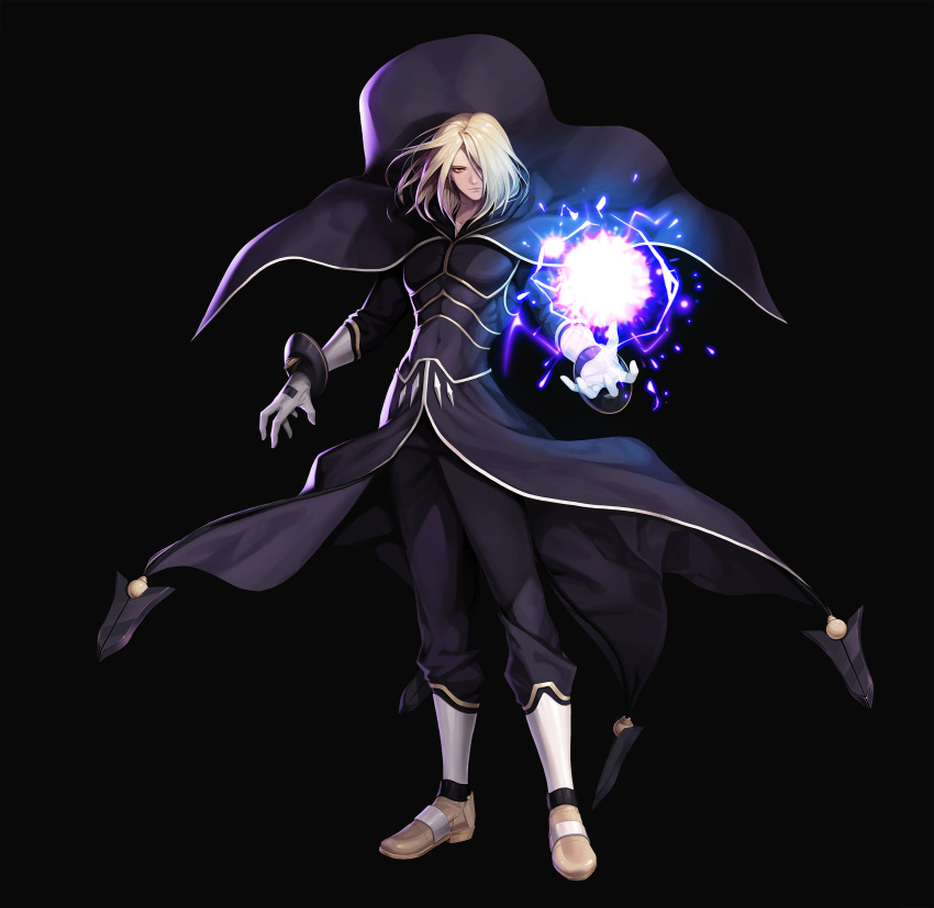 1boy absurdres bangs bishounen black_background black_bodysuit black_cape black_pants blonde_hair bodysuit brown_footwear cape closed_mouth collarbone commentary_request covered_navel energy_ball evilgun floating_cape floating_hair full_body gloves hair_between_eyes hair_over_one_eye highres igniz_(kof) long_sleeves looking_at_viewer male_focus pants red_eyes shoes short_hair simple_background solo standing the_king_of_fighters toned toned_male white_gloves wind