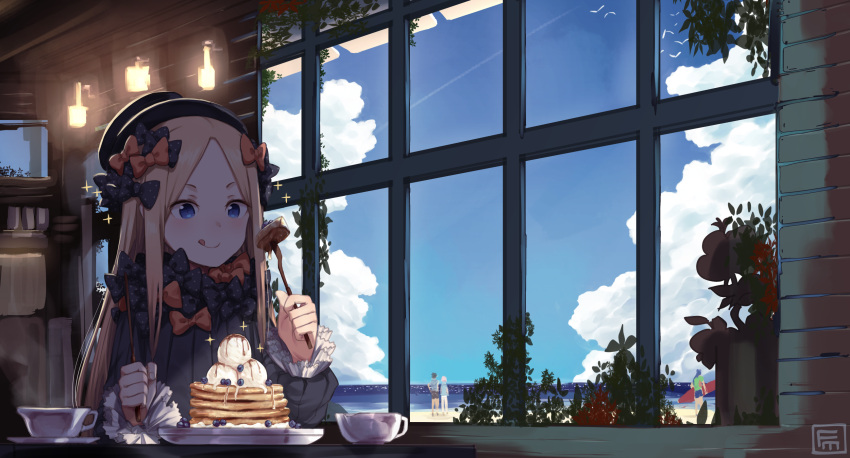1girl abigail_williams_(fate) bangs black_dress black_headwear blonde_hair blue_eyes blush bow breasts dress fate/grand_order fate_(series) food fumafu hair_bow highres licking_lips long_hair long_sleeves multiple_bows orange_bow parted_bangs small_breasts smile table tongue tongue_out window