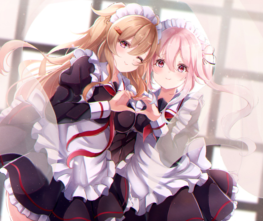 2girls absurdres adapted_costume alternate_costume apron black_dress curtains dress enmaided frilled_apron frills hair_flaps hair_ribbon harusame_(kancolle) heart heart_hands heart_hands_duo highres huge_filesize kantai_collection light_brown_hair long_hair looking_at_viewer maid maid_headdress multiple_girls murasame_(kancolle) neckerchief pink_hair red_eyes red_neckwear remodel_(kantai_collection) ribbon sa-ya2 sailor_collar side_ponytail two_side_up white_apron white_sailor_collar window