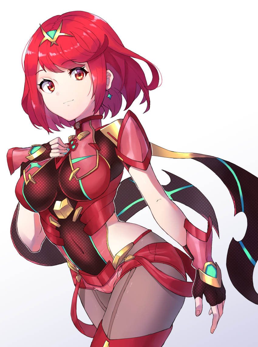 1girl absurdres bangs black_gloves chest_jewel earrings fingerless_gloves gem gloves grimmelsdathird headpiece highres jewelry looking_at_viewer pantyhose pyra_(xenoblade) red_eyes red_legwear red_shorts redhead short_hair short_shorts shorts smile solo super_smash_bros. swept_bangs thigh-highs tiara xenoblade_chronicles_(series) xenoblade_chronicles_2