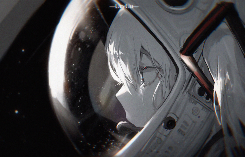 1girl blue_eyes chinese_commentary chromatic_aberration close-up commentary crying crying_with_eyes_open from_side greyscale hair_ornament half-closed_eyes hatsune_miku headset highres konya_karasu_kou long_hair looking_away monochrome solo space space_helmet spacesuit spot_color star_(sky) tears twintails vocaloid