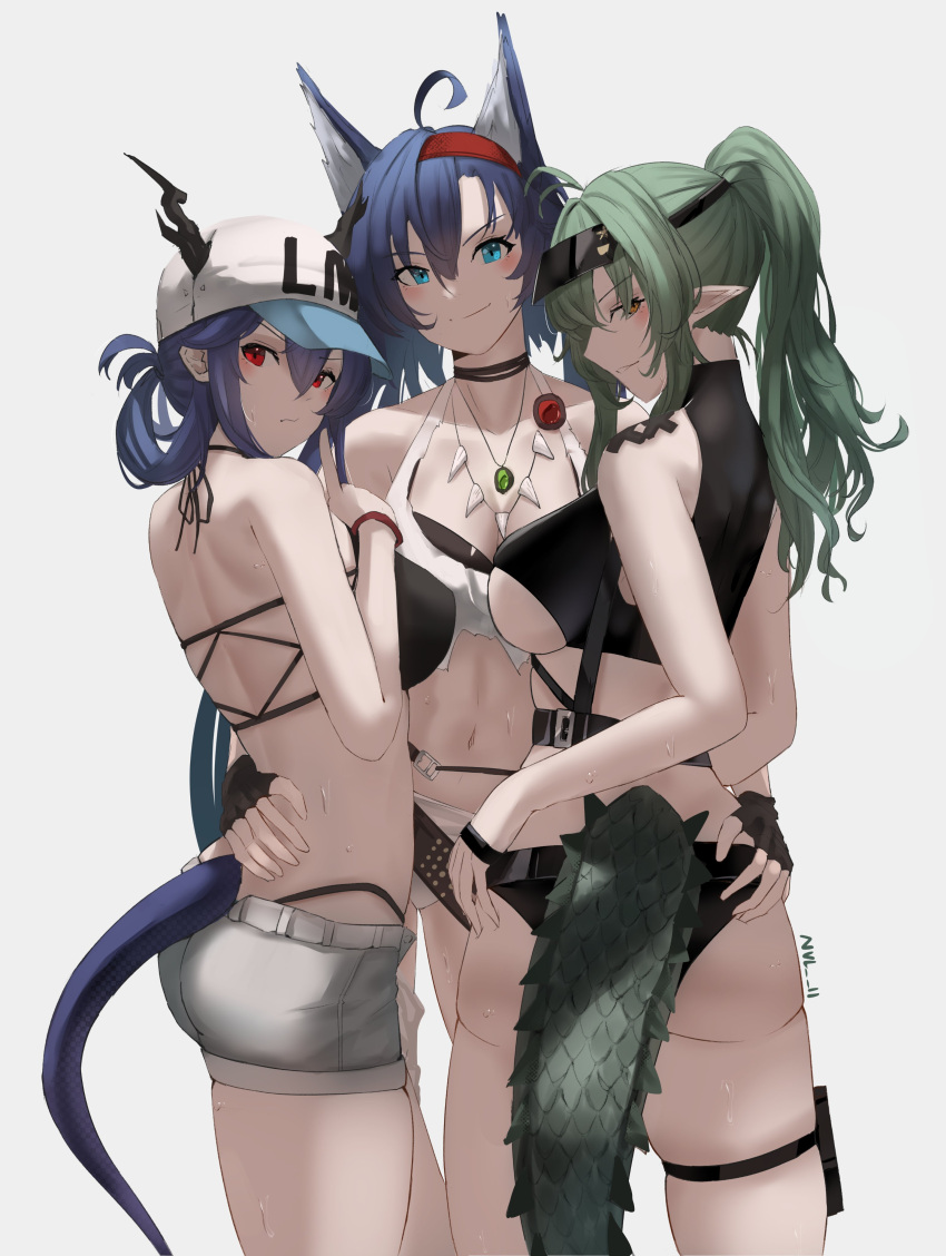 3girls absurdres ahoge animal_ears arknights ass back bare_arms bare_shoulders baseball_cap bikini black_bikini black_gloves blaze_(arknights) blue_eyes blue_hair breasts cat_ears ch'en_(arknights) crocodilian_tail dragon_horns dragon_tail fingerless_gloves gavial_(arknights) gloves green_hair grey_shorts hair_between_eyes hair_rings hairband hat highleg highleg_bikini highres horns horns_through_headwear large_breasts long_hair looking_at_viewer multiple_girls navel nvl orange_eyes ponytail red_eyes short_shorts shorts simple_background skindentation smile stomach string_bikini swimsuit tail thigh_strap thighs under_boob wet white_background white_headwear