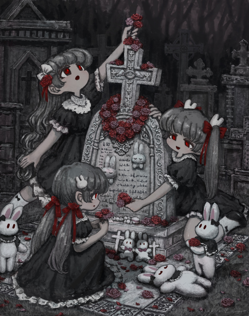 3girls absurdres bunny_hair_ornament colored_skin cross dress flower flower_wreath frilled_dress frilled_sleeves frills gestart333 gothic_lolita graveyard grey_hair grey_skin hair_ornament hair_ribbon highres lolita_fashion long_hair low_twintails matching_outfit multiple_girls open_mouth original partial_monochrome puffy_short_sleeves puffy_sleeves red_eyes red_flower red_ribbon red_rose ribbon rose short_sleeves stuffed_animal stuffed_bunny stuffed_toy tombstone twintails