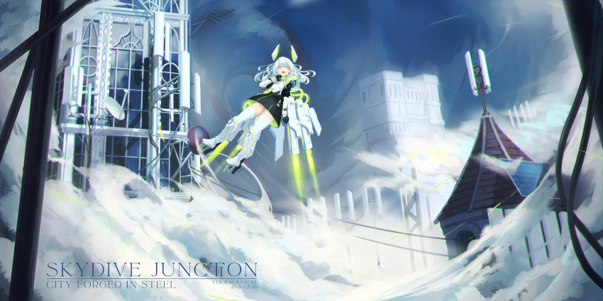 1girl artist_name bangs black_dress black_gloves black_jacket blue_sky boots breasts building commentary_request dated day dress english_text eyebrows_behind_hair flying gloves green_eyes hair_between_eyes half_gloves highres jacket knee_boots long_hair long_sleeves looking_at_viewer mecha_musume natori_youkai open_clothes open_jacket open_mouth original outdoors panties platform_footwear puffy_short_sleeves puffy_sleeves satellite_dish shirt short_over_long_sleeves short_sleeves sky small_breasts smoke solo thigh-highs underwear white_footwear white_hair white_legwear white_panties white_shirt