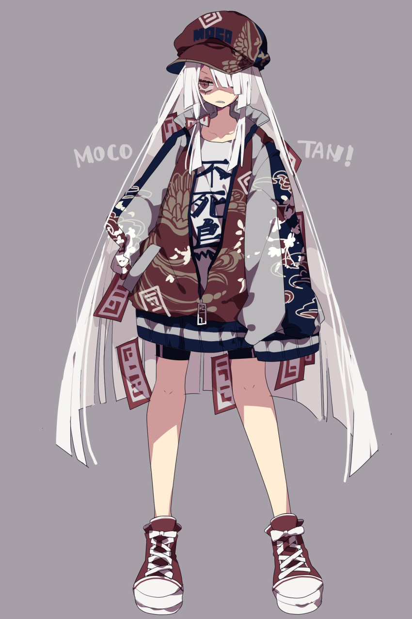 1girl alternate_costume bangs bike_shorts blunt_bangs bow casual clothes_writing contemporary fujiwara_no_mokou full_body grey_background hair_bow hair_over_one_eye hand_in_pocket hat highres jacket long_hair nikorashi-ka print_headwear print_jacket red_bow red_eyes red_footwear red_headwear red_jacket shirt shoes simple_background sleeves_past_fingers sleeves_past_wrists sneakers solo touhou very_long_hair white_bow white_hair white_shirt wide_sleeves