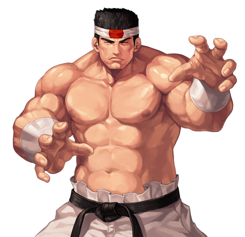 1boy abs biceps black_hair closed_eyes closed_mouth commentary_request cowboy_shot daimon_gorou evilgun facing_viewer fighting_stance fingernails hachimaki headband highres male_focus muscular muscular_male navel nipples pants pectorals serious shirtless short_hair sideburns simple_background solo standing the_king_of_fighters the_king_of_fighters_'97 thick_eyebrows white_background white_pants