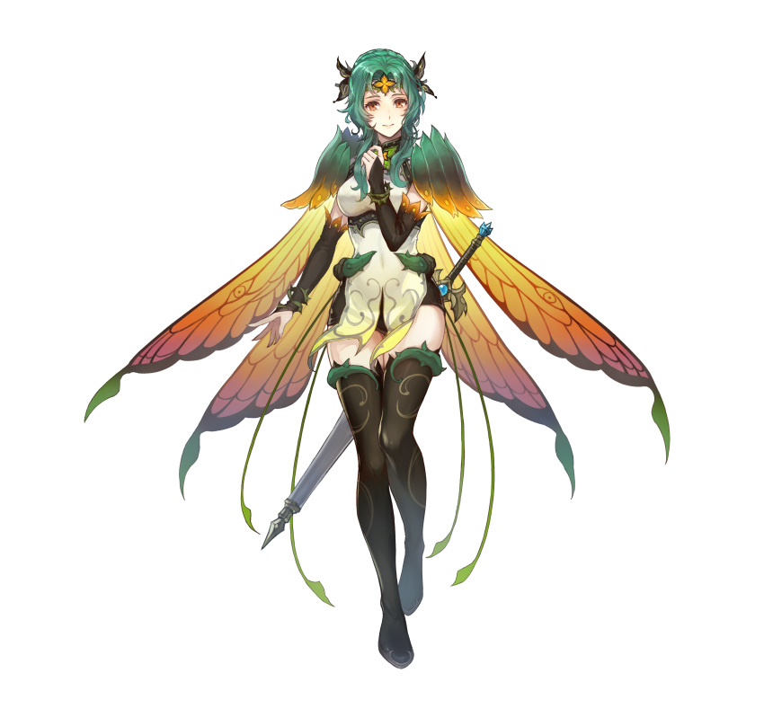 1girl absurdres artist_request bangs black_footwear boots breasts bridal_gauntlets brown_eyes butterfly_wings cape closed_mouth denim denim_shorts dress elincia_ridell_crimea fire_emblem fire_emblem:_path_of_radiance fire_emblem:_radiant_dawn fire_emblem_heroes full_body gradient gradient_clothes green_hair hair_ornament hand_up highres lips looking_at_viewer medium_breasts official_art sheath sheathed shiny shiny_hair short_dress shorts simple_background smile solo standing sword thigh-highs thigh_boots thighs thorns tiara weapon white_background wings