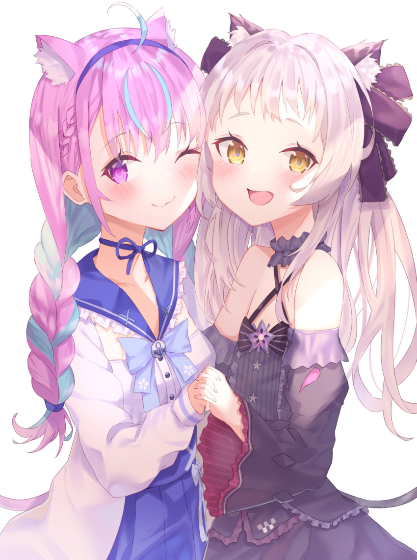 2girls :d ;) ahoge animal_ear_fluff animal_ears bangs bare_shoulders black_bow black_dress black_sleeves blue_hair blue_hairband blue_sailor_collar blue_skirt blush bow braid breasts brown_eyes cat_ears cat_girl cat_tail closed_mouth commentary_request criss-cross_halter detached_sleeves dress frilled_sailor_collar hair_bow hairband halterneck highres hololive jacket juliet_sleeves long_hair long_sleeves medium_breasts minato_aqua multicolored_hair multiple_girls murasaki_shion one_eye_closed open_clothes open_jacket open_mouth pink_hair pleated_skirt puffy_sleeves sailor_collar school_uniform serafuku shirt silver_hair simple_background skirt smile sutei_(arece15) tail twin_braids twintails two-tone_hair very_long_hair violet_eyes virtual_youtuber white_background white_jacket white_shirt wide_sleeves