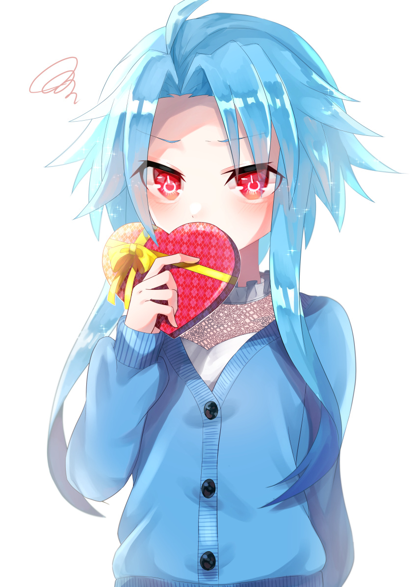1girl absurdres alternate_costume arm_behind_back blue_cardigan blue_hair blush box buttons cardigan casual choujigen_game_neptune commentary_request covering_mouth embarrassed gift gift_box hair_over_eyes heart-shaped_box highres looking_at_viewer neptune_(series) power_symbol rairai_(light) red_eyes short_hair_with_long_locks simple_background solo symbol-shaped_pupils upper_body valentine white_background white_heart