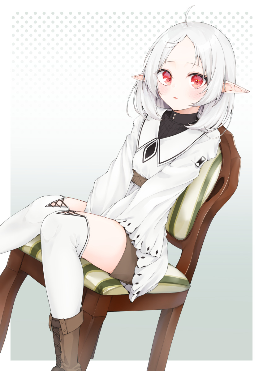1girl absurdres ahoge bangs between_legs black_shirt blush boots brown_footwear brown_shorts commentary_request cross-laced_footwear dress elf forehead hand_between_legs highres hijouguti lace-up_boots long_sleeves looking_at_viewer mushoku_tensei on_chair parted_bangs parted_lips pointy_ears red_eyes ribbed_shirt shirt short_shorts shorts silver_hair solo sylphiette_(mushoku_tensei) thigh-highs thighhighs_under_boots white_dress white_legwear wide_sleeves