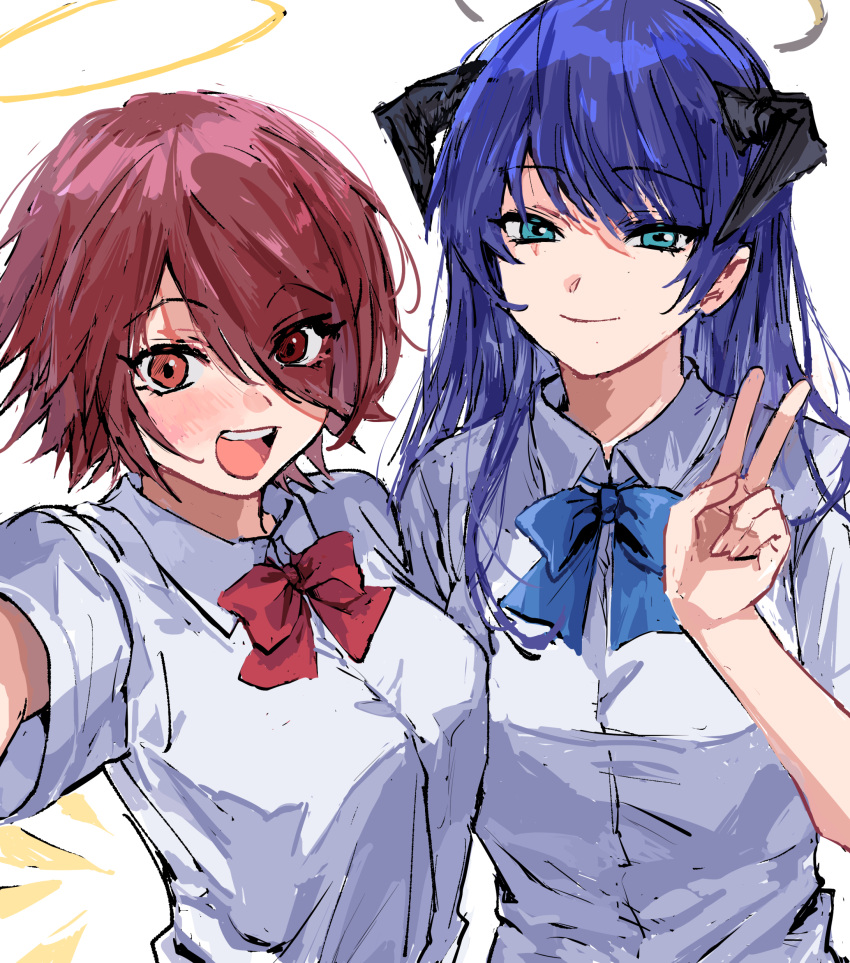 2girls :d absurdres alternate_costume aqua_eyes arknights arm_up blue_hair blush breasts closed_mouth collared_shirt commentary_request detached_wings dimples_of_venus dress_shirt exusiai_(arknights) halo hand_up highres horns long_hair looking_at_viewer medium_breasts mostima_(arknights) multiple_girls na_tarapisu153 open_mouth outstretched_arm red_eyes redhead self_shot shirt short_hair short_sleeves simple_background smile upper_body upper_teeth v white_background white_shirt wings