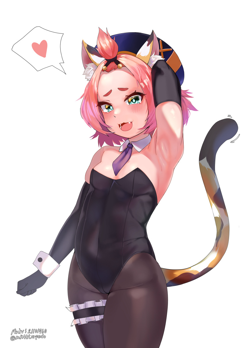 1girl :3 absurdres animal_ear_fluff animal_ears armpits black_gloves black_legwear breasts cat_ears cat_tail detached_collar diona_(genshin_impact) elbow_gloves fangs genshin_impact gloves green_eyes hat heart highres necktie open_mouth pantyhose pixiv_id playboy_bunny short_hair short_necktie simple_background small_breasts smile solo spoken_heart tail torpedo_(gad3757) twitter_username white_background wrist_cuffs