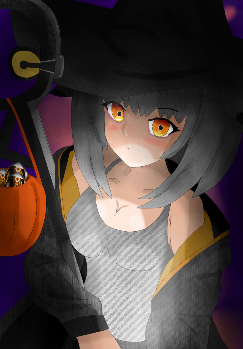 1girl absurdres arknights bandi blush breasts dark eyebrows_visible_through_hair halloween happy hat highres long_hair looking_at_viewer owl_ears ptilopsis_(arknights) red_eyes simple_background smile witch witch_hat