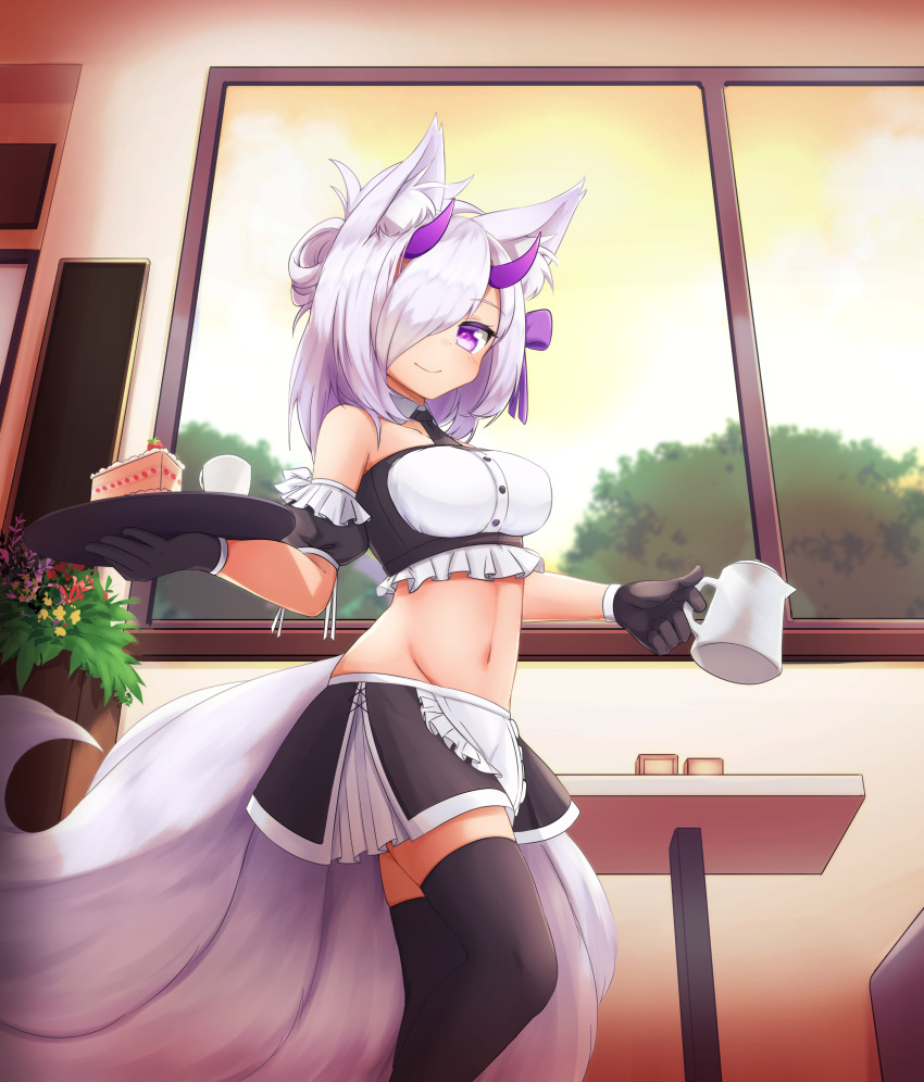 1girl absurdres animal_ear_fluff animal_ears apron bare_shoulders black_gloves black_legwear black_skirt breasts cake cake_slice closed_mouth commentary commission detached_sleeves english_commentary food fox_ears fox_tail gloves hair_over_one_eye hair_ribbon highres holding holding_teapot horns klaius large_breasts looking_at_viewer midriff miniskirt multiple_tails navel one_eye_covered original puffy_short_sleeves puffy_sleeves purple_ribbon ribbon short_sleeves skirt smile solo standing tail teapot thigh-highs violet_eyes waist_apron white_apron window