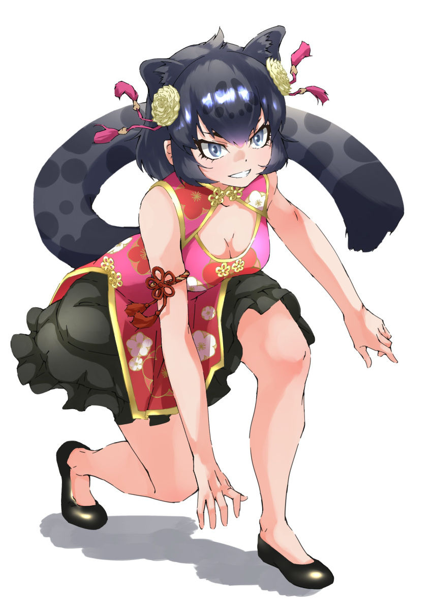 1girl absurdres animal_ears armband bare_arms bare_legs bare_shoulders black_footwear black_hair black_jaguar_(kemono_friends) black_skirt blue_eyes blush china_dress chinese_clothes commentary dress eyebrows_visible_through_hair flats floral_print frilled_skirt frills hair_ornament highres jaguar_ears jaguar_girl jaguar_print jaguar_tail kemono_friends official_alternate_costume pink_dress short_hair skirt smile solo tail tanabe_(fueisei)