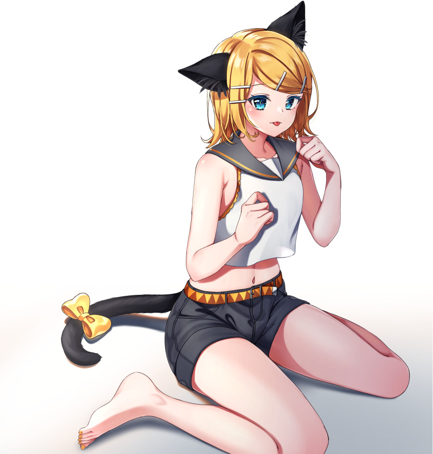 1girl :p absurdres animal_ear_fluff animal_ears bangs bare_shoulders barefoot black_sailor_collar black_shorts blonde_hair blue_eyes blush bow breasts cat_ears cat_tail collarbone commentary crop_top full_body hair_ornament hairclip highres inu8neko kagamine_rin kemonomimi_mode looking_at_viewer midriff navel paw_pose sailor_collar shirt short_hair short_shorts shorts sidelocks simple_background sitting sleeveless sleeveless_shirt small_breasts solo swept_bangs tail tail_bow tail_ornament tongue tongue_out vocaloid wariza white_background white_shirt yellow_belt