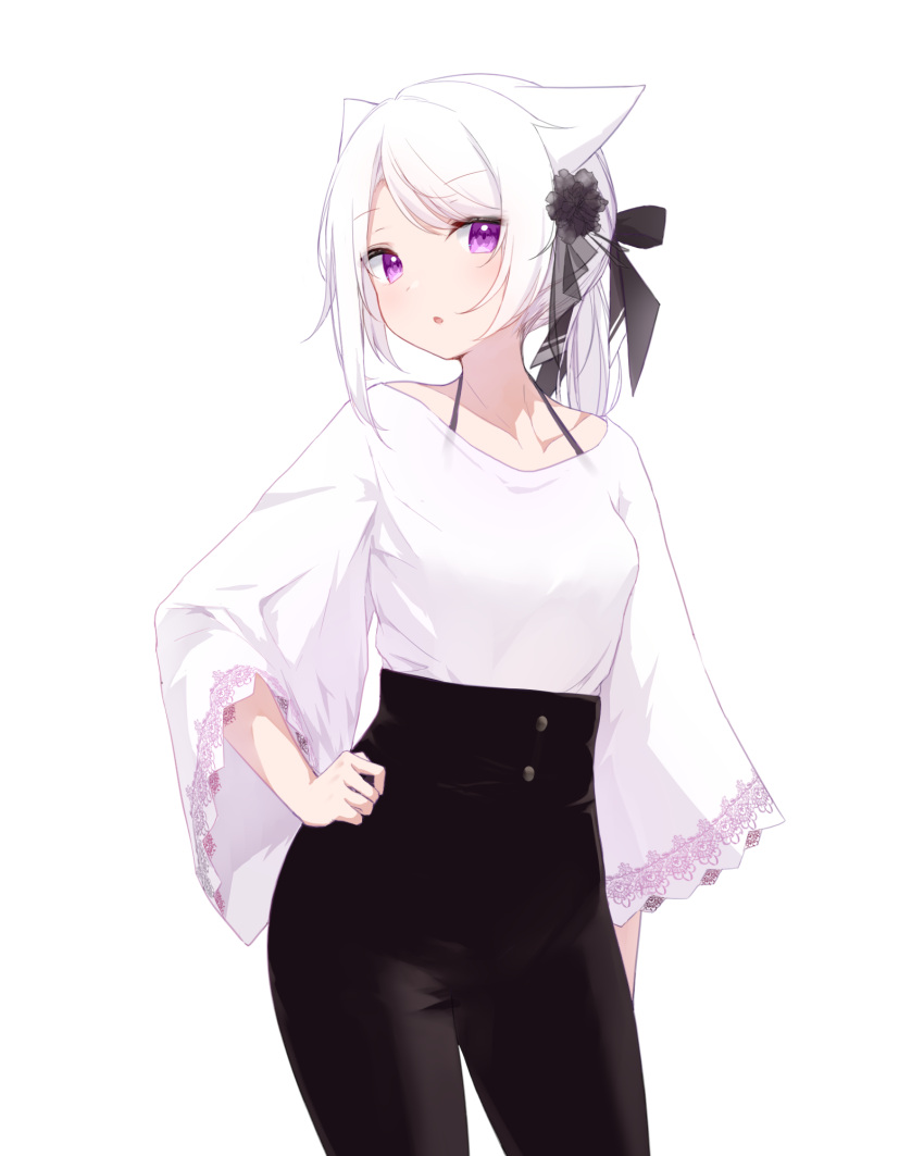 1girl :o black_pants bow bra_strap breasts contrapposto cowboy_shot guo582 hair_bow hair_ears halterneck hand_on_hip high-waist_pants highres long_hair long_sleeves looking_at_viewer original pants parted_lips ponytail shirt shirt_tucked_in simple_background small_breasts solo spaghetti_strap standing violet_eyes white_background white_hair white_shirt wide_sleeves