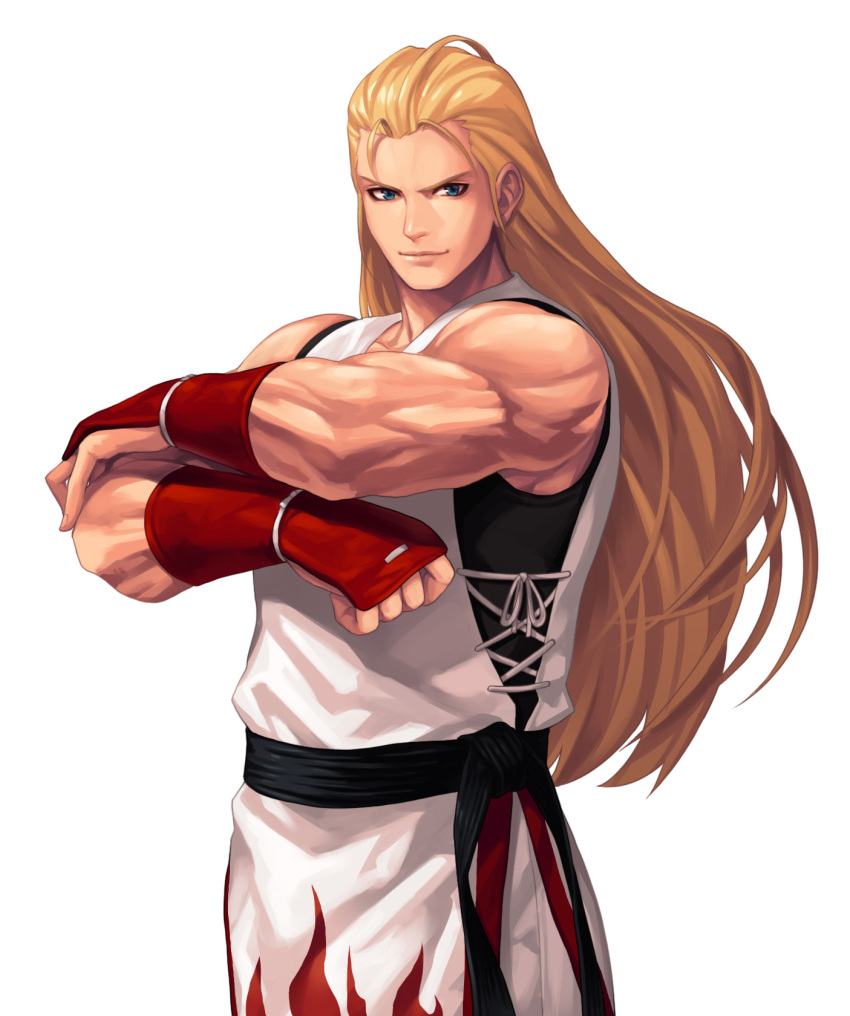 1boy andy_bogard bare_shoulders belt biceps black_belt blonde_hair blue_eyes closed_mouth commentary_request cowboy_shot dougi evilgun fatal_fury fingerless_gloves fingernails flame_print gloves hair_slicked_back highres lips long_hair looking_at_viewer male_focus muscular muscular_male pants red_gloves sleeveless smile solo standing the_king_of_fighters the_king_of_fighters_'97 very_long_hair white_pants