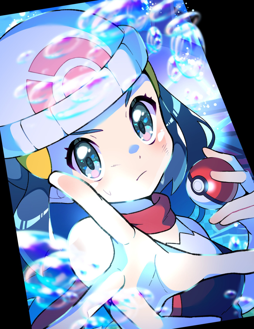 1girl absurdres beanie blush bubble closed_mouth commentary hikari_(pokemon) eyelashes floating_scarf grey_eyes hair_ornament hairclip hands_up hat highres holding holding_poke_ball long_hair looking_at_viewer outstretched_hand poke_ball poke_ball_(basic) pokemon pokemon_(game) pokemon_dppt pon_yui red_scarf scarf shiny shiny_hair sleeveless solo spread_fingers sweatdrop