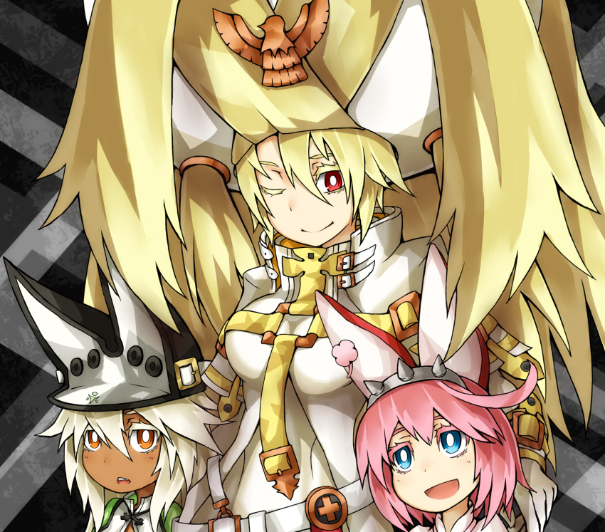 3girls ariels belt_buckle blonde_hair blue_eyes buckle dark_skin dark-skinned_female elphelt_valentine guilty_gear guilty_gear_xrd hat highres multiple_girls pale_skin pink_hair ramlethal_valentine red_eyes short_hair siblings sisters white_hair white_headwear yellow_eyes yomura_(yohann48)