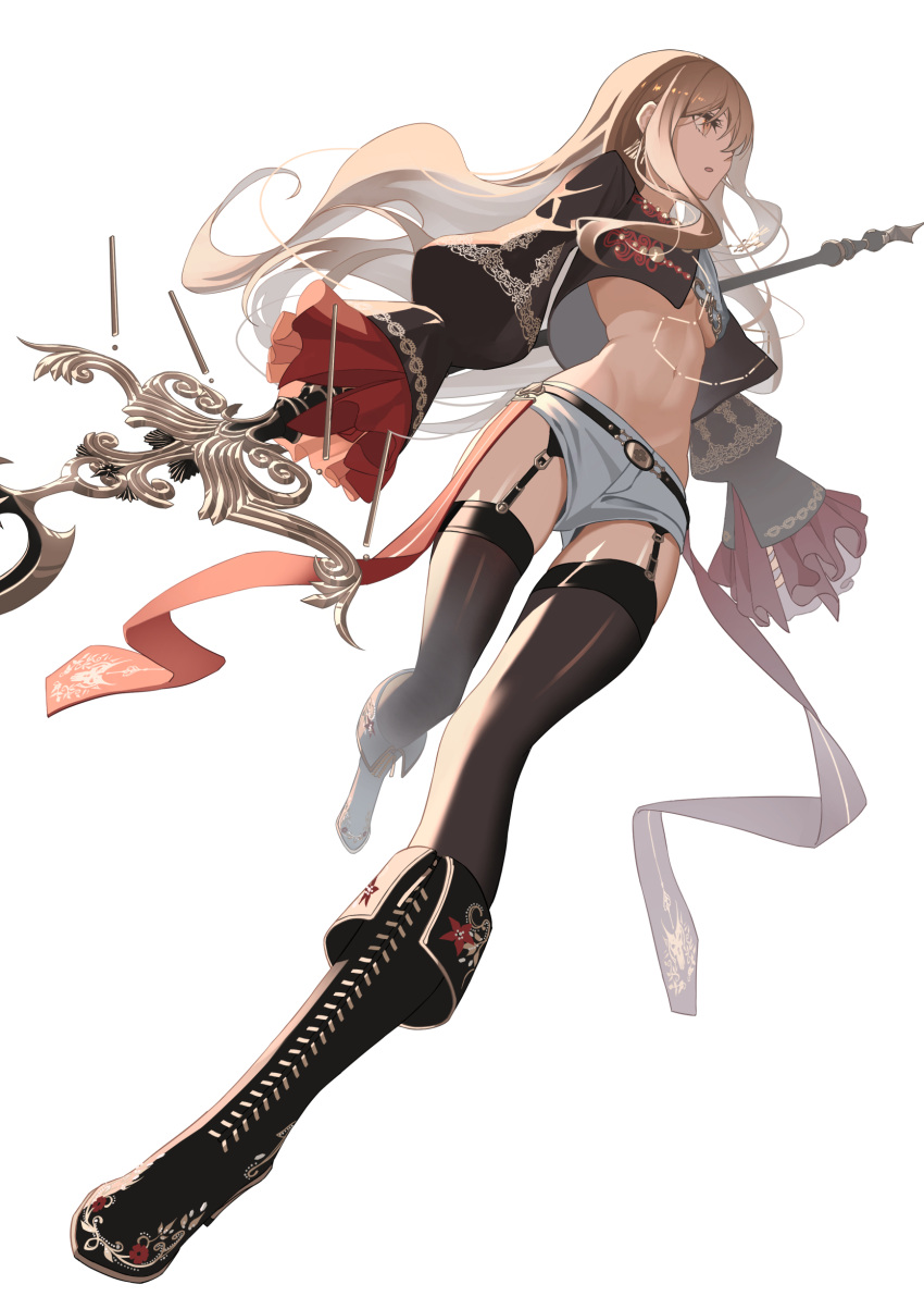 1girl absurdres blonde_hair boots breasts commentary_request earrings floral_print full_body garter_straps high_heel_boots high_heels highres holding holding_spear holding_weapon jewelry knee_boots long_hair midriff navel original polearm short_shorts shorts small_breasts solo spear thigh-highs tsuki-shigure very_long_hair weapon white_background white_shorts yellow_eyes