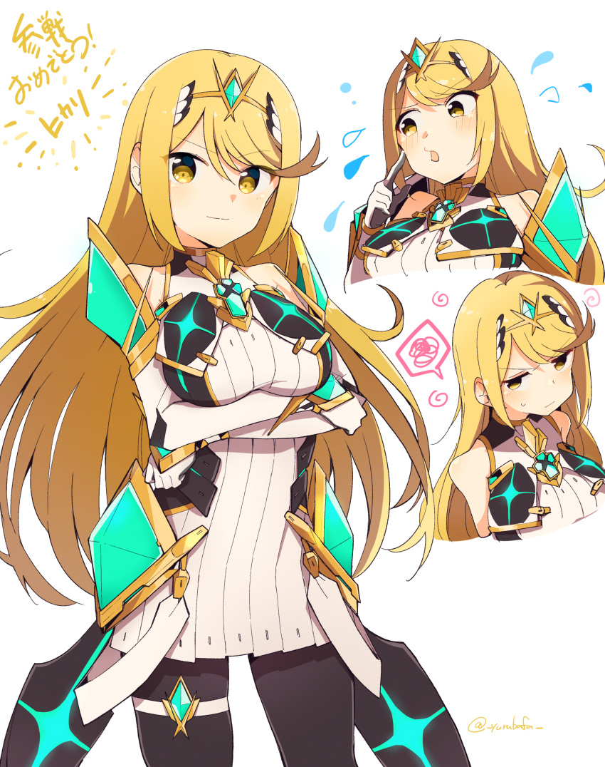 1girl absurdres bafarin bangs bare_shoulders blonde_hair breasts chest_jewel dress earrings elbow_gloves gloves highres jewelry large_breasts long_hair mythra_(xenoblade) short_dress super_smash_bros. swept_bangs thigh_strap tiara very_long_hair white_dress white_gloves xenoblade_chronicles_(series) xenoblade_chronicles_2 yellow_eyes