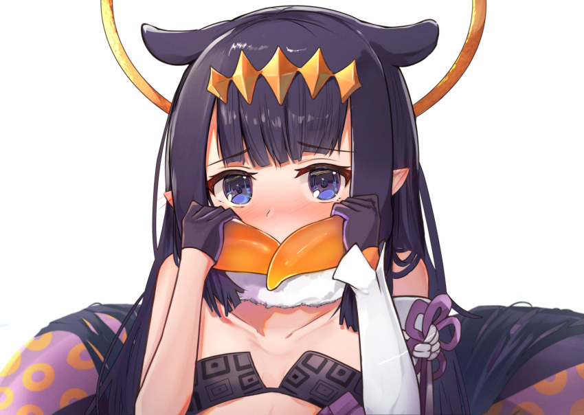 1girl animal_ears bangs black_gloves blue_eyes blue_hair blunt_bangs blush circlet collarbone covering_mouth ear_blush eyebrows_visible_through_hair flat_chest flower_knot gloves halo holding holding_hair hololive hololive_english long_hair looking_at_viewer ninomae_ina'nis nose_blush pointy_ears shuuzo3 sidelocks simple_background solo upper_body virtual_youtuber white_background